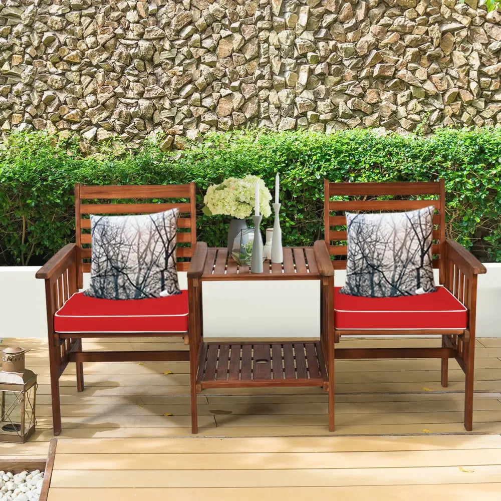 3 pcs Outdoor Patio Table Chairs Set Acacia Wood Loveseat-Red - Red - Patio Conversation Sets