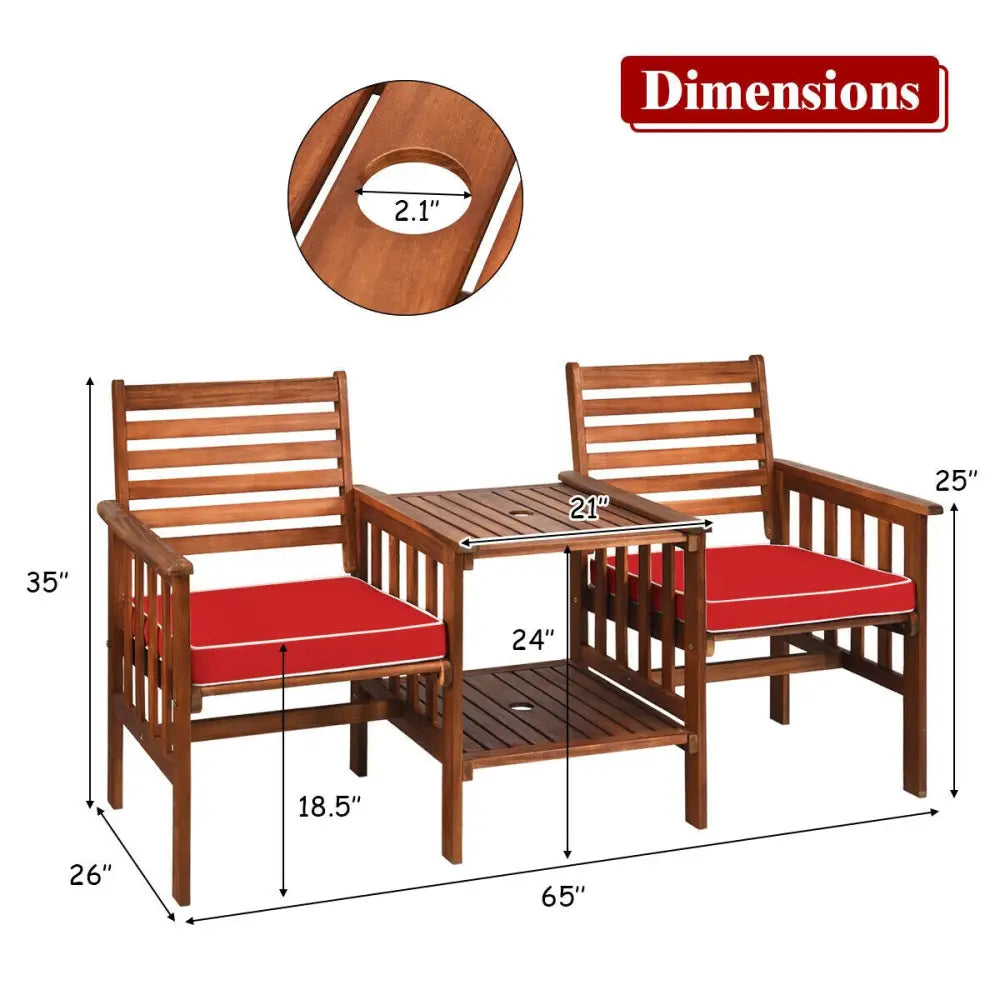 3 pcs Outdoor Patio Table Chairs Set Acacia Wood Loveseat-Red - Red - Patio Conversation Sets
