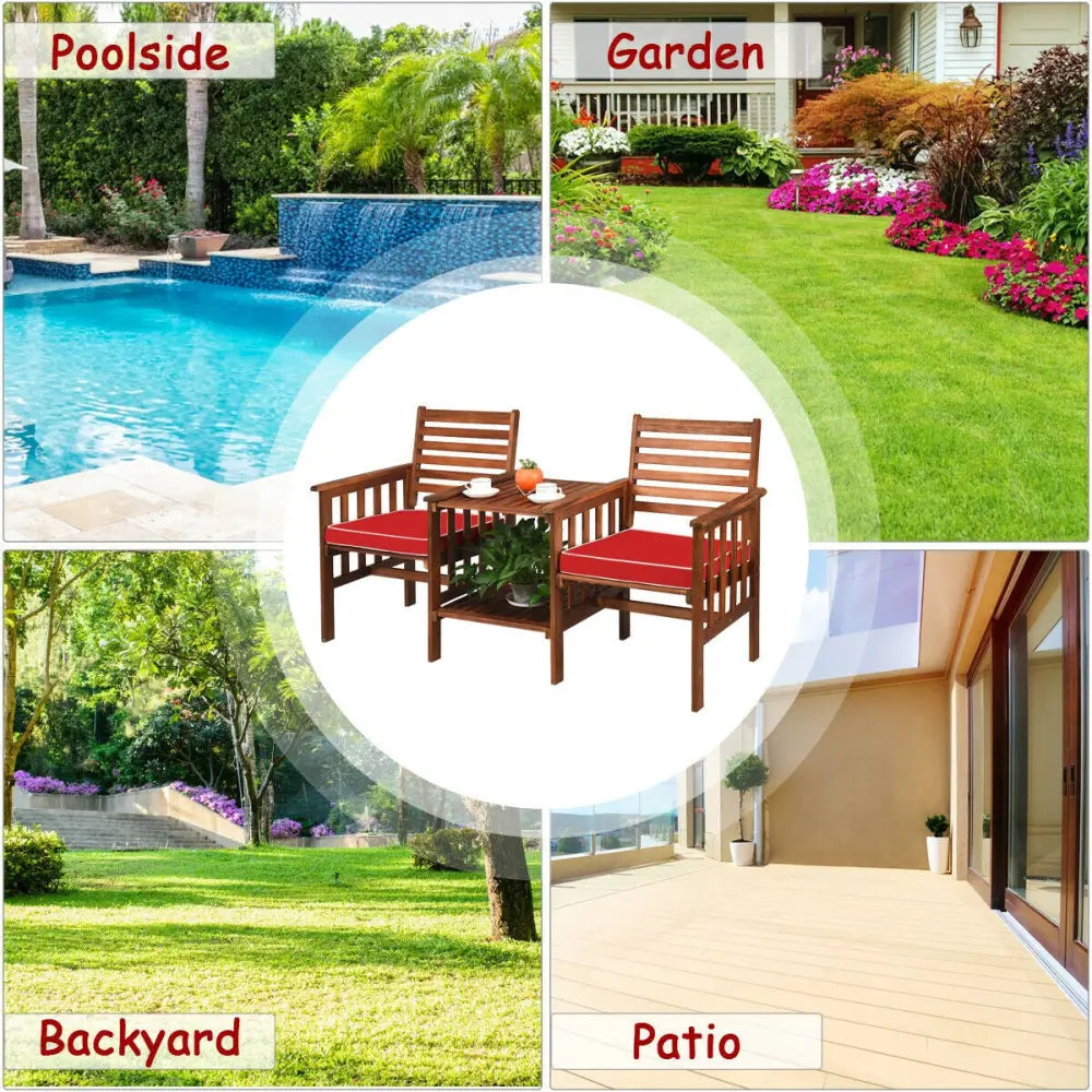 3 pcs Outdoor Patio Table Chairs Set Acacia Wood Loveseat-Red - Red - Patio Conversation Sets