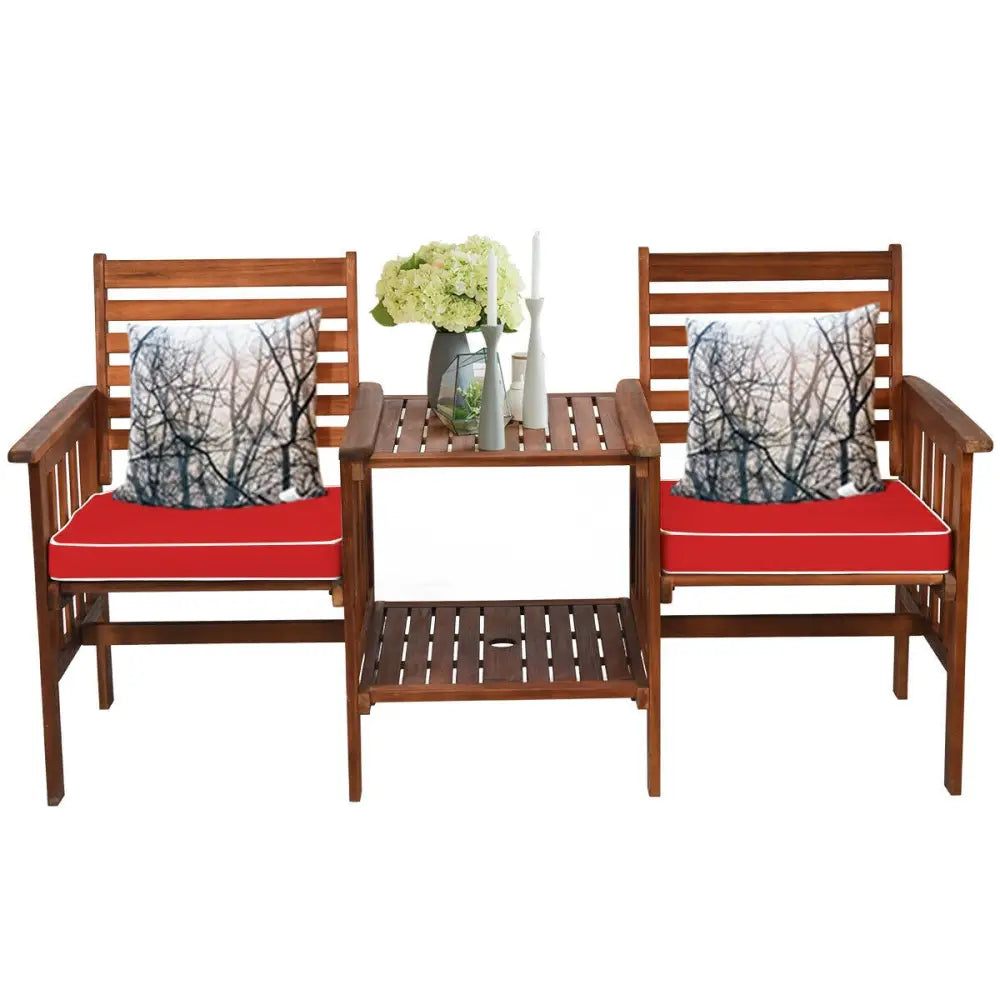 3 pcs Outdoor Patio Table Chairs Set Acacia Wood Loveseat-Red - Red - Patio Conversation Sets