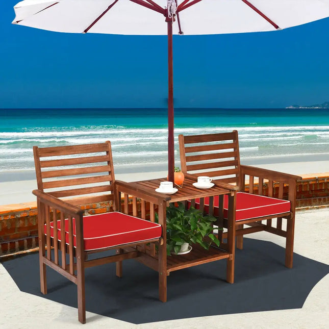 3 pcs Outdoor Patio Table Chairs Set Acacia Wood Loveseat-Red - Red - Patio Conversation Sets