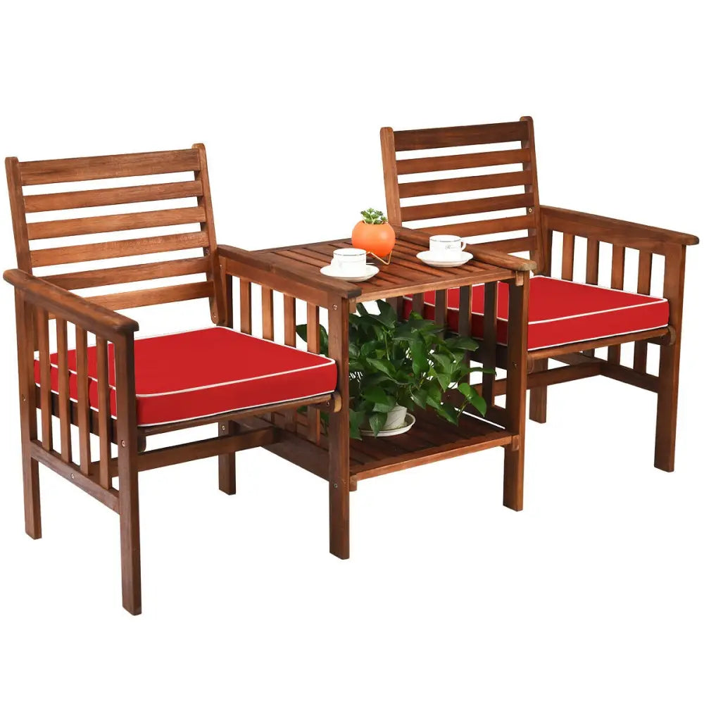 3 pcs Outdoor Patio Table Chairs Set Acacia Wood Loveseat-Red - Red - Patio Conversation Sets
