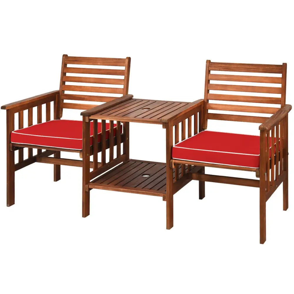 3 pcs Outdoor Patio Table Chairs Set Acacia Wood Loveseat-Red - Red - Patio Conversation Sets