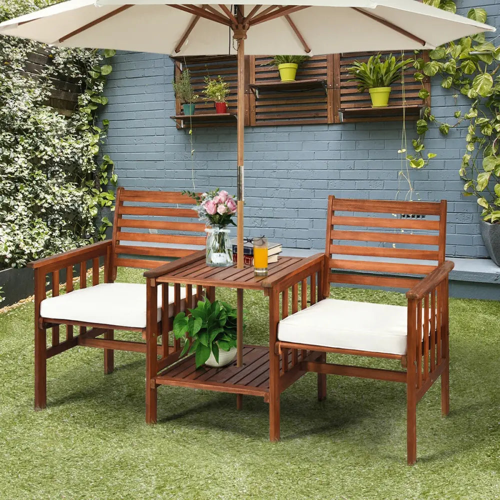 3 pcs Outdoor Patio Table Chairs Set Acacia Wood Loveseat-White - White - Patio Conversation Sets