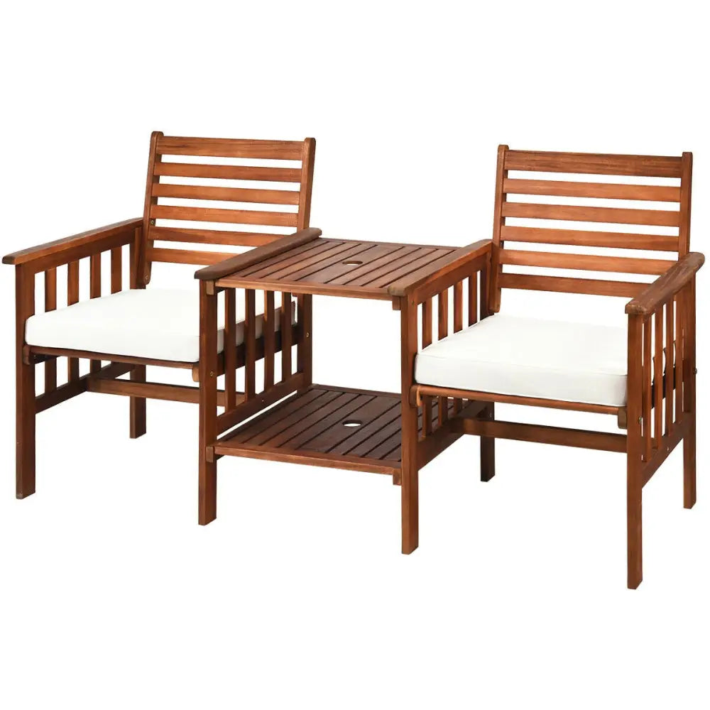 3 pcs Outdoor Patio Table Chairs Set Acacia Wood Loveseat-White - White - Patio Conversation Sets
