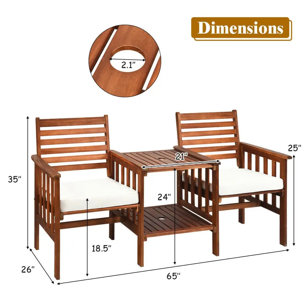 3 pcs Outdoor Patio Table Chairs Set Acacia Wood Loveseat-White - White - Patio Conversation Sets