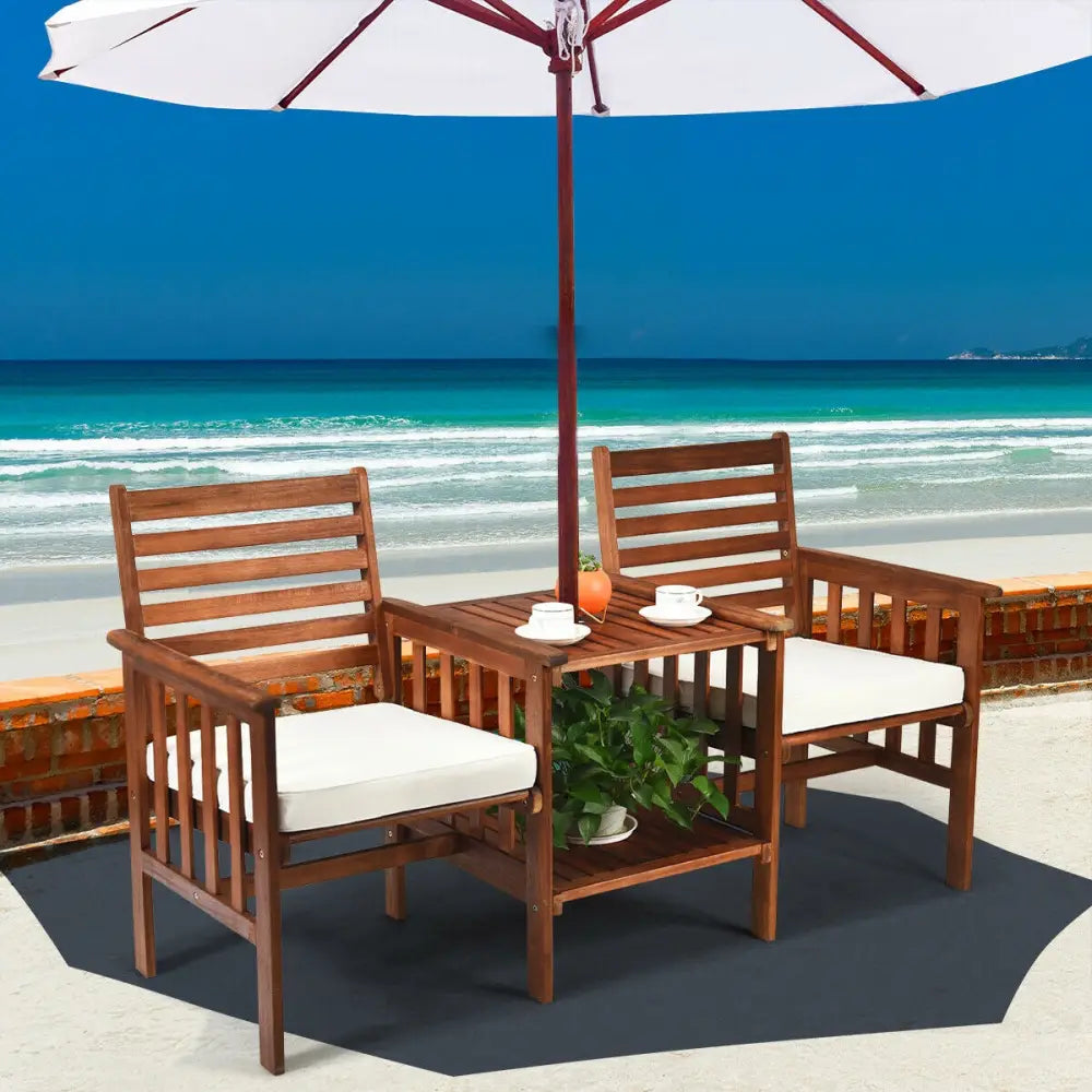 3 pcs Outdoor Patio Table Chairs Set Acacia Wood Loveseat-White - White - Patio Conversation Sets