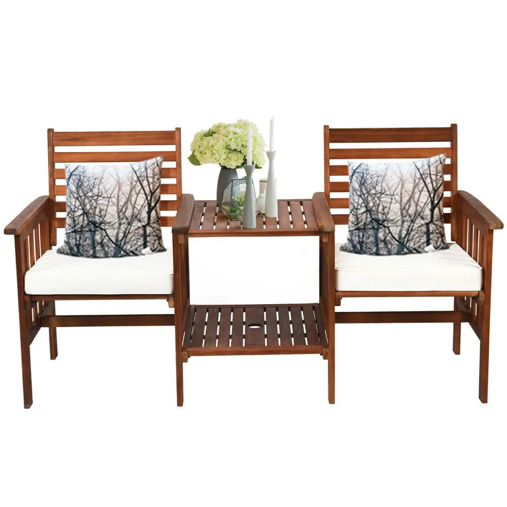 3 pcs Outdoor Patio Table Chairs Set Acacia Wood Loveseat-White - White - Patio Conversation Sets