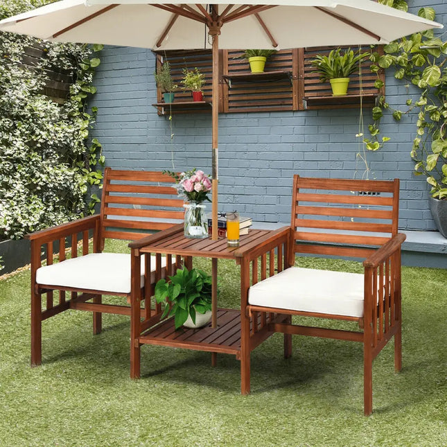 3 pcs Outdoor Patio Table Chairs Set Acacia Wood Loveseat-White - White - Patio Conversation Sets