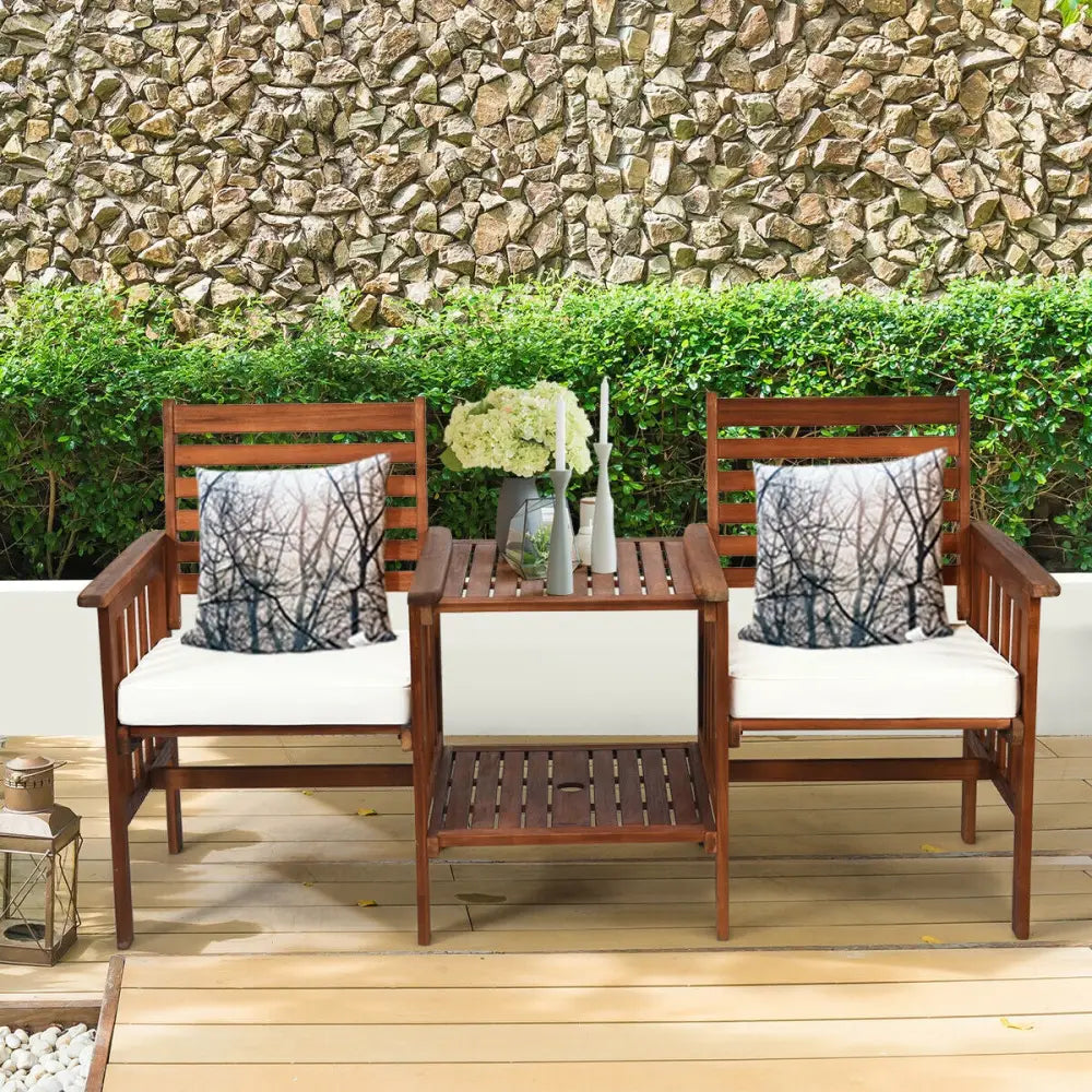 3 pcs Outdoor Patio Table Chairs Set Acacia Wood Loveseat-White - White - Patio Conversation Sets