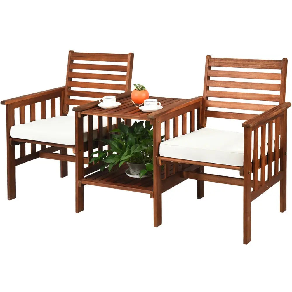 3 pcs Outdoor Patio Table Chairs Set Acacia Wood Loveseat-White - White - Patio Conversation Sets