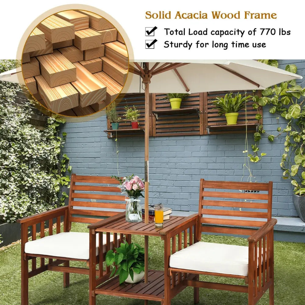 3 pcs Outdoor Patio Table Chairs Set Acacia Wood Loveseat-White - White - Patio Conversation Sets