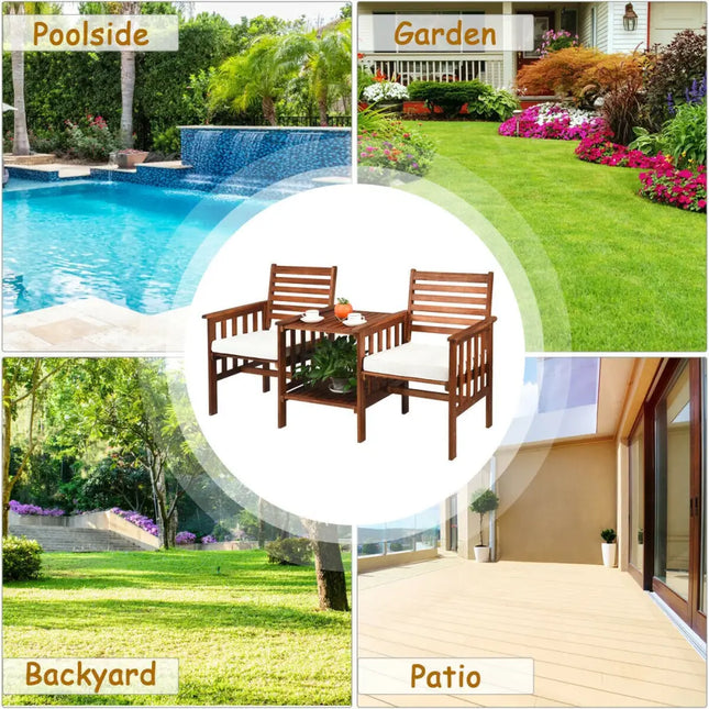 3 pcs Outdoor Patio Table Chairs Set Acacia Wood Loveseat-White - White - Patio Conversation Sets
