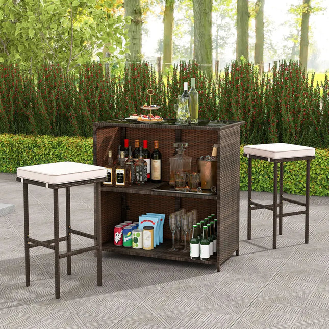 3 Pcs Patio Bar Set with Tempered Glass Tabletop-Brown - Brown - Outdoor Sectionals