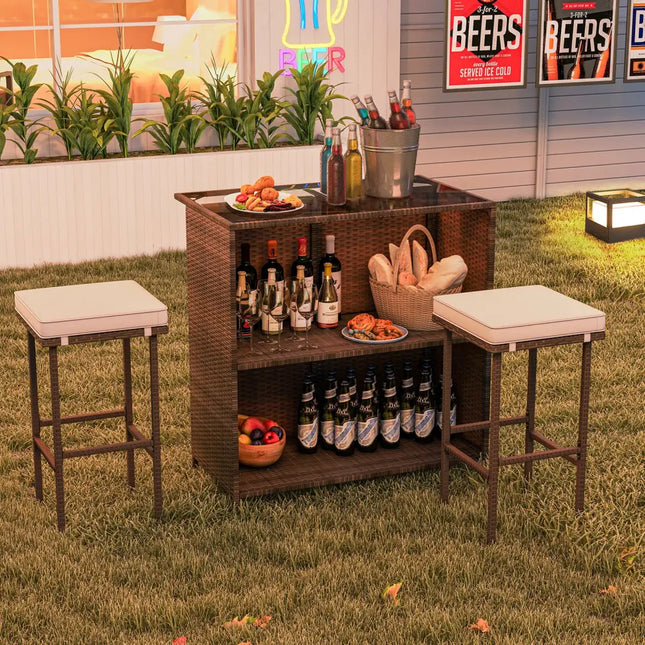 3 Pcs Patio Bar Set with Tempered Glass Tabletop-Brown - Brown - Outdoor Sectionals