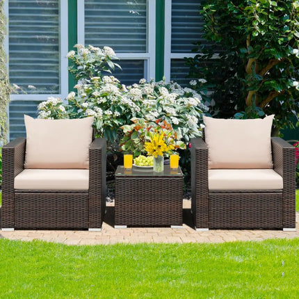 3 Pcs Patio Conversation Rattan Furniture Set with Cushion-Beige - Beige - Patio Conversation Sets