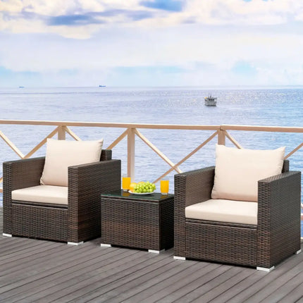 3 Pcs Patio Conversation Rattan Furniture Set with Cushion-Beige - Beige - Patio Conversation Sets