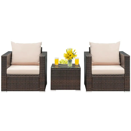 3 Pcs Patio Conversation Rattan Furniture Set with Cushion-Beige - Beige - Patio Conversation Sets