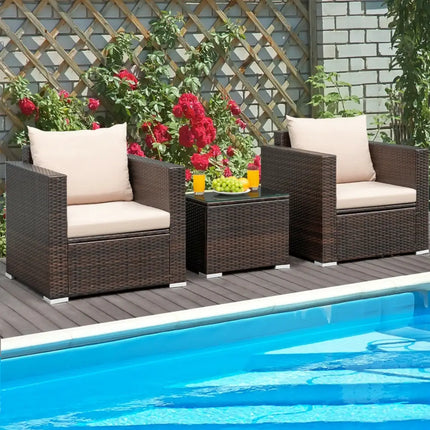 3 Pcs Patio Conversation Rattan Furniture Set with Cushion-Beige - Beige - Patio Conversation Sets