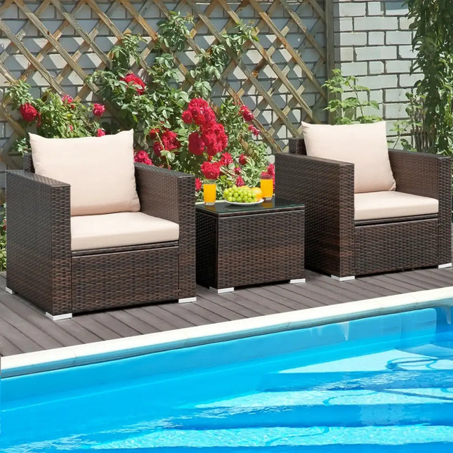 3 Pcs Patio Conversation Rattan Furniture Set with Cushion-Beige - Beige - Patio Conversation Sets