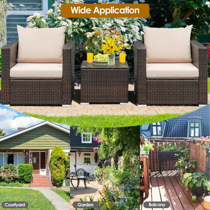 3 Pcs Patio Conversation Rattan Furniture Set with Cushion-Beige - Beige - Patio Conversation Sets