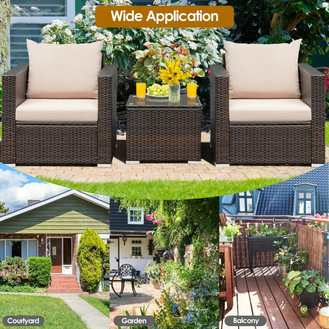3 Pcs Patio Conversation Rattan Furniture Set with Cushion-Beige - Beige - Patio Conversation Sets