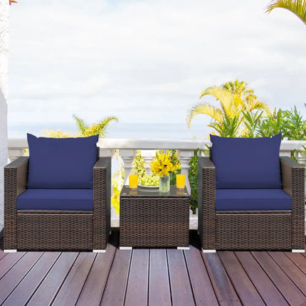 3 Pcs Patio Conversation Rattan Furniture Set with Cushion-Blue - Blue - Patio Conversation Sets