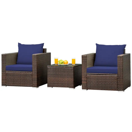3 Pcs Patio Conversation Rattan Furniture Set with Cushion-Blue - Blue - Patio Conversation Sets