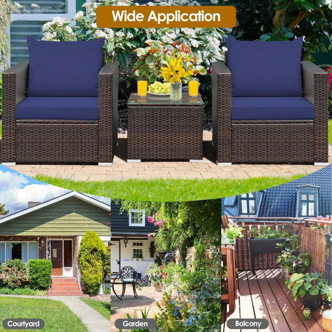 3 Pcs Patio Conversation Rattan Furniture Set with Cushion-Blue - Blue - Patio Conversation Sets