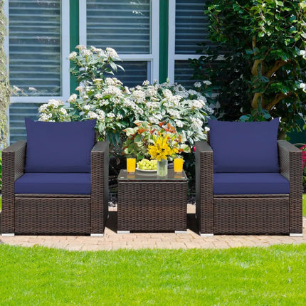 3 Pcs Patio Conversation Rattan Furniture Set with Cushion-Blue - Blue - Patio Conversation Sets