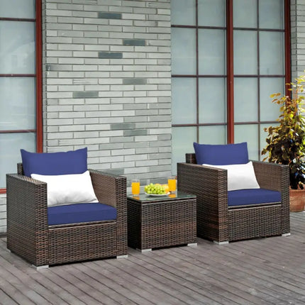 3 Pcs Patio Conversation Rattan Furniture Set with Cushion-Blue - Blue - Patio Conversation Sets