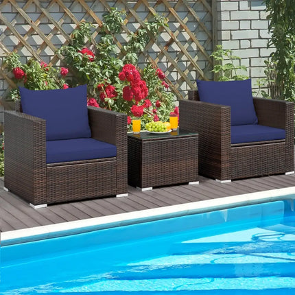 3 Pcs Patio Conversation Rattan Furniture Set with Cushion-Blue - Blue - Patio Conversation Sets