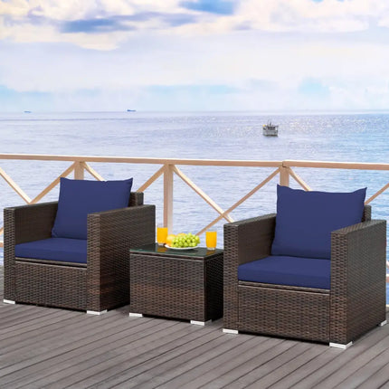 3 Pcs Patio Conversation Rattan Furniture Set with Cushion-Blue - Blue - Patio Conversation Sets