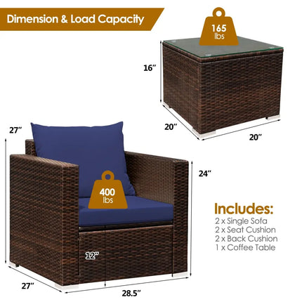 3 Pcs Patio Conversation Rattan Furniture Set with Cushion-Blue - Blue - Patio Conversation Sets