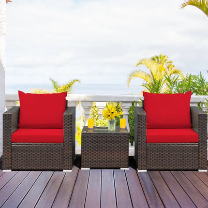 3 Pcs Patio Conversation Rattan Furniture Set with Cushion-Red - Red - Patio Conversation Sets