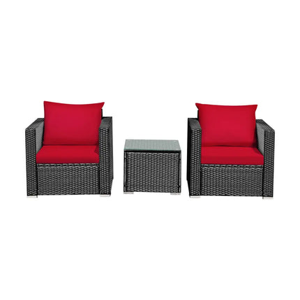 3 Pcs Patio Conversation Rattan Furniture Set with Cushion-Red - Red - Patio Conversation Sets