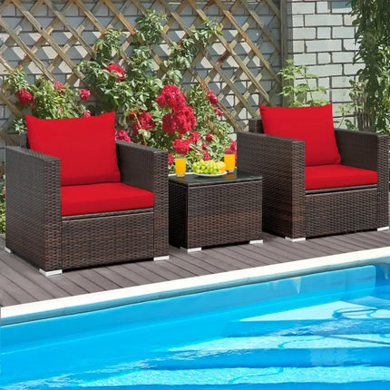 3 Pcs Patio Conversation Rattan Furniture Set with Cushion-Red - Red - Patio Conversation Sets