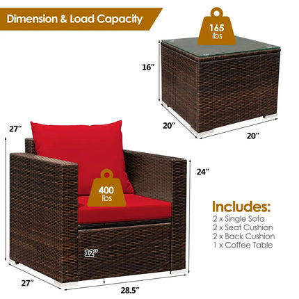 3 Pcs Patio Conversation Rattan Furniture Set with Cushion-Red - Red - Patio Conversation Sets