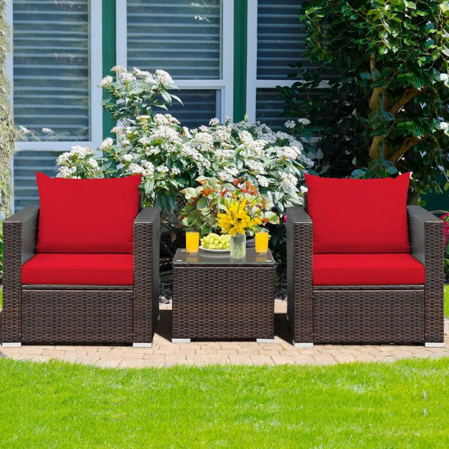 3 Pcs Patio Conversation Rattan Furniture Set with Cushion-Red - Red - Patio Conversation Sets