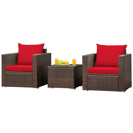 3 Pcs Patio Conversation Rattan Furniture Set with Cushion-Red - Red - Patio Conversation Sets