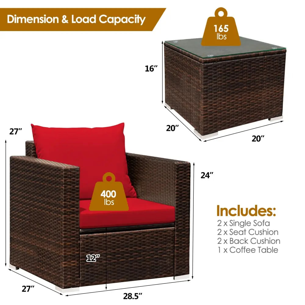 3 Pcs Patio Conversation Rattan Furniture Set with Cushion-Red - Red - Patio Conversation Sets