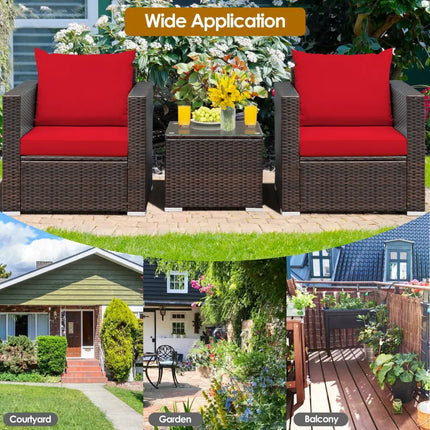 3 Pcs Patio Conversation Rattan Furniture Set with Cushion-Red - Red - Patio Conversation Sets