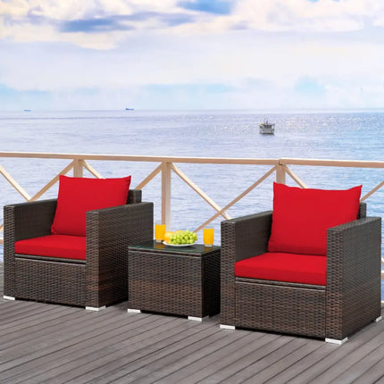 3 Pcs Patio Conversation Rattan Furniture Set with Cushion-Red - Red - Patio Conversation Sets