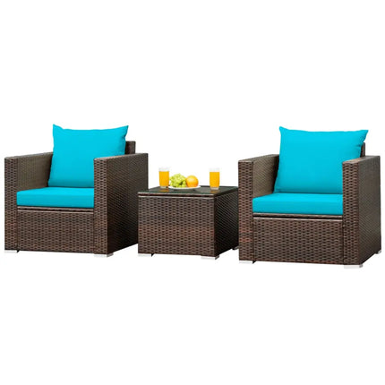 3 Pcs Patio Conversation Rattan Furniture Set with Cushion-Turquoise - Turquoise - Patio Conversation Sets