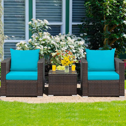 3 Pcs Patio Conversation Rattan Furniture Set with Cushion-Turquoise - Turquoise - Patio Conversation Sets