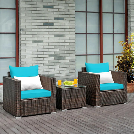 3 Pcs Patio Conversation Rattan Furniture Set with Cushion-Turquoise - Turquoise - Patio Conversation Sets