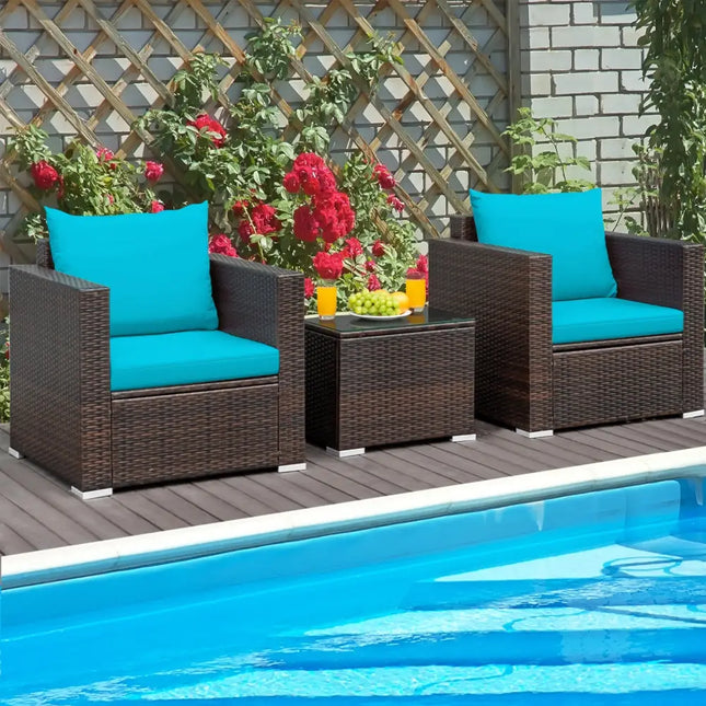 3 Pcs Patio Conversation Rattan Furniture Set with Cushion-Turquoise - Turquoise - Patio Conversation Sets
