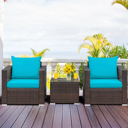 3 Pcs Patio Conversation Rattan Furniture Set with Cushion-Turquoise - Turquoise - Patio Conversation Sets