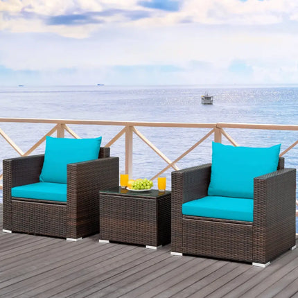 3 Pcs Patio Conversation Rattan Furniture Set with Cushion-Turquoise - Turquoise - Patio Conversation Sets