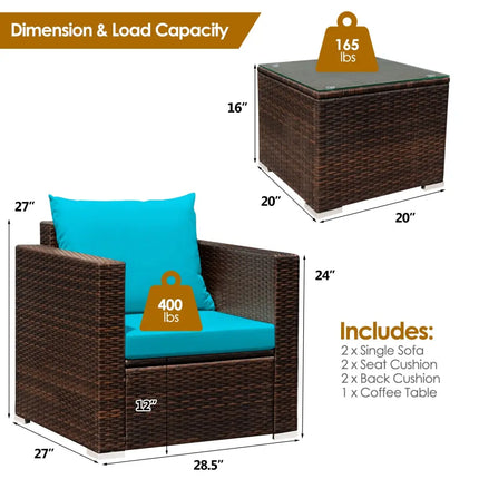 3 Pcs Patio Conversation Rattan Furniture Set with Cushion-Turquoise - Turquoise - Patio Conversation Sets